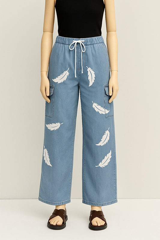 Feather Print Wide-Leg Cargo Jeans