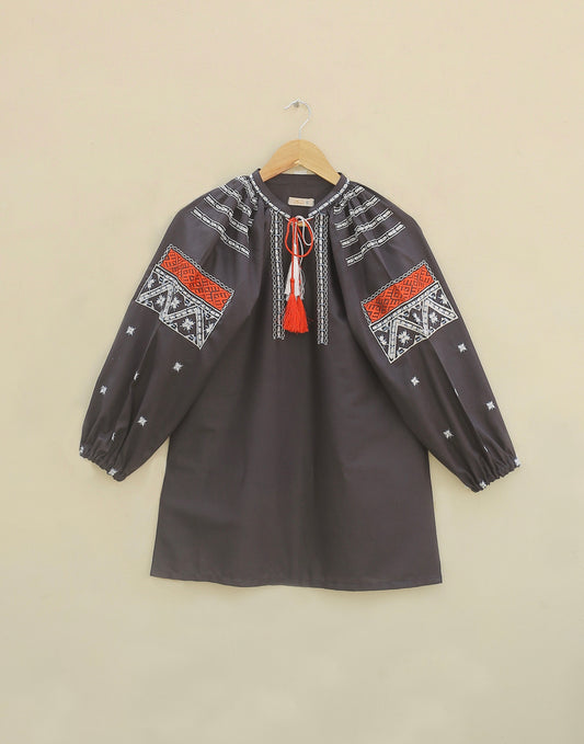 Charcoal Embroidered Top